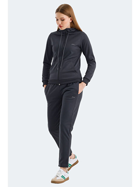 SLAZENGER RID IN Kadın Fermuarlı Kapüşonlu Cepli Koyu Gri Eşofman Takımı