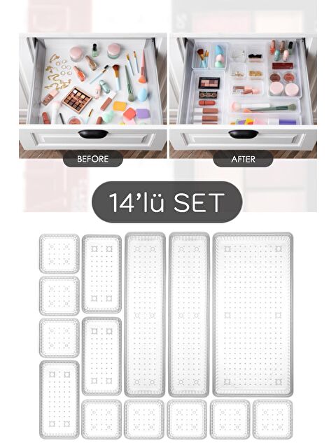 Meleni Home 14 Parça Takı Aksesuar Düzenleyici Kutu - Çok Amaçlı Çekmece İçi Takı Organizer Şeffaf - S000113779-26865
