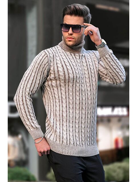 Madmext Bej Balıkçı Yaka Örgü Detaylı Kazak 6317 - S000030346-19928