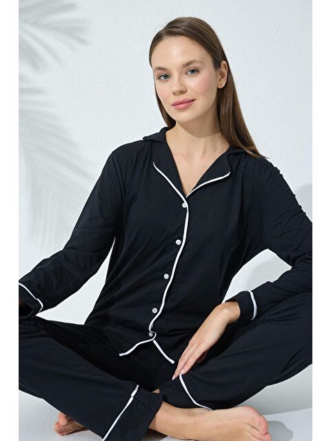Siyah İnci Pamuklu Düğmeli Biyeli Pijama Takım - S000219969-19351