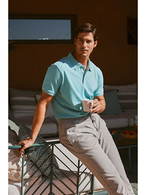 AC&Co / Altınyıldız Classics Erkek Petrol Slim Fit Dar Kesim Polo Yaka %100 Pamuk Kısa Kollu Tişört