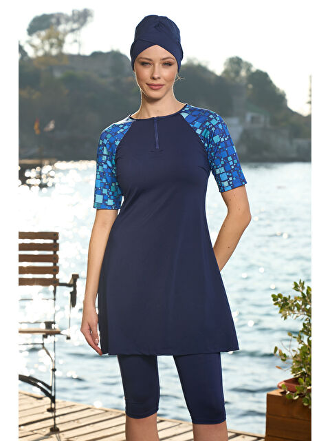 Remsa Büyük Beden Kısa Kollu Yarı Kapalı Mayo 24826 Lacivert - S000346947-21164