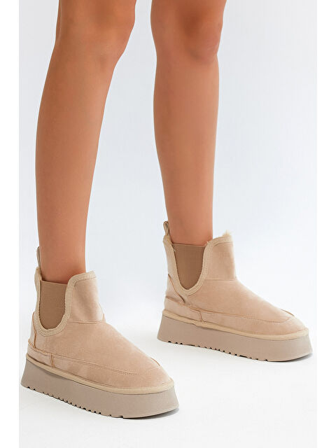 TONNY BLACK Kadın Bej Süet Rahat Kalıp Lastikli Kürklü Süet Bot