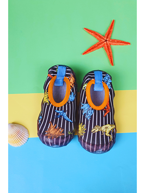 First Step Siyah Çizgili Dinozor Erkek Çocuk Kaydırmaz Taban Deniz Ayakkabısı-F-7022 - S000028388-19351