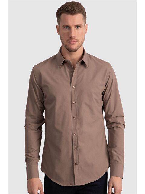 TUDORS Erkek Slim Fit Dar Kesim Pamuklu Terry Pamuk Kumaş Kolay Ütü Kahverengi Gömlek - S000072176-19413