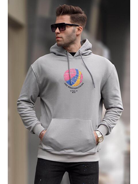 Madmext Boyalı Gri Kabartma Baskılı Kapüşonlu Erkek Hoodie 6042 - S000049460-22875