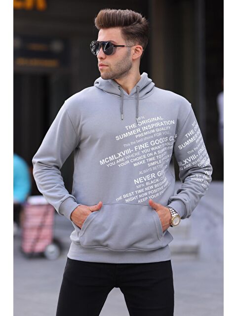 Madmext Boyalı Gri Baskılı Kapüşonlu Erkek Hoodie 6009 - S000049627-22875