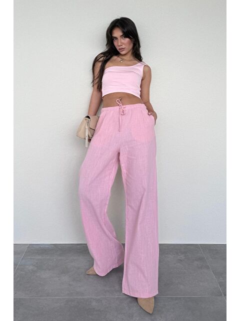 Madmext Pembe Beli Büzgülü Wide Leg Kumaş Pantolon Mg1950