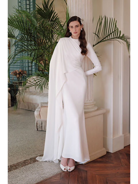 Manuka Lana Pelerinli Abiye Elbise Ekru - S000400061-19965