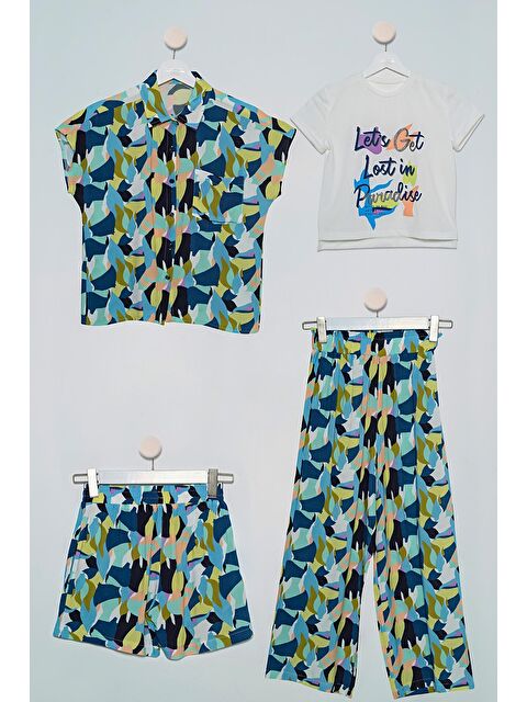 For You Kids 4'Lü Desenli Gömlek Tshirt Pantolon Şort Lacivert Takım - S000028080-21164