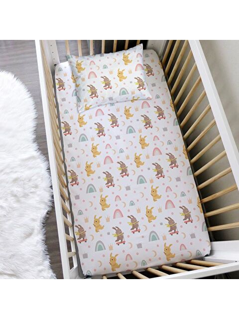 Evmila Tavşan Ve  Desen Baskılı Bebek Boy Lastikli Çarşaf Seti Beyaz 60x120 cm - S000038066-23173