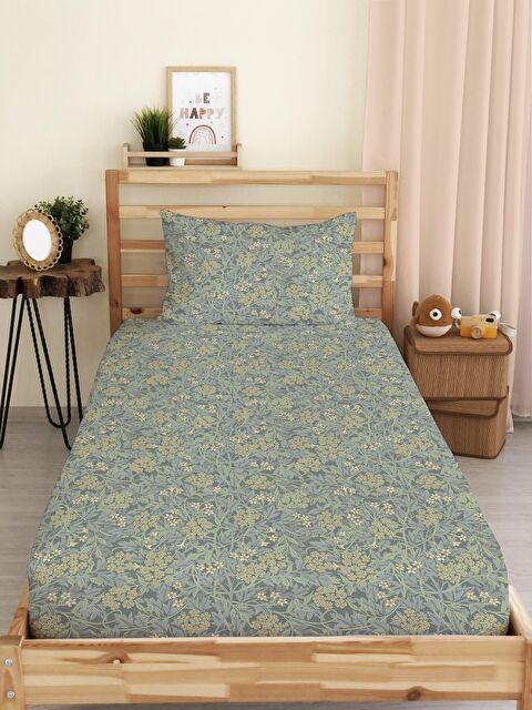 Evmila Yaprak Desen Baskılı Tek Kişilik Lastikli Çarşaf SetiYeşil - S000038082-23173