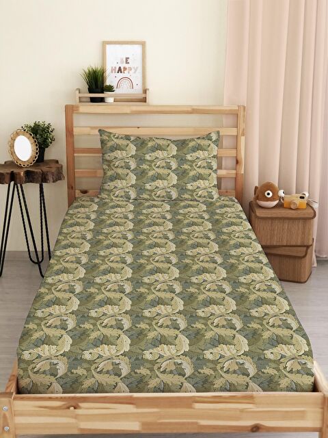 Evmila Yaprak Desen Baskılı Tek Kişilik Lastikli Çarşaf SetiYeşil - S000038088-23173