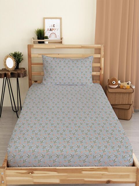 Evmila Çiçek Desen Baskılı Tek Kişilik Lastikli Çarşaf SetiGri - S000038089-23173