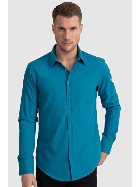 TUDORS Erkek Slim Fit Dar Kesim Pamuklu Terry Pamuk Kumaş Kolay Ütü Petrol Gömlek - S000072224-20019