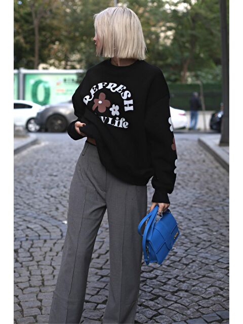 Madmext Siyah Bisiklet Yaka Baskılı Sweatshirt Mg1572 - S000030594-19351