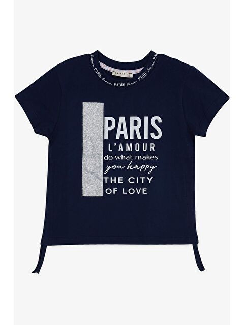 Breeze Kız Çocuk Tişört Yazı Baskılı Simli Yanları Büzgülü Lacivert (9-12 Yaş) - S000027385-21164