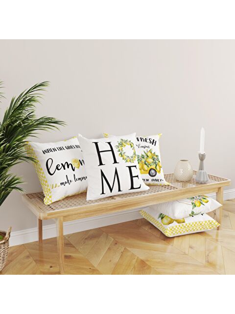 Evmila Kadife Doku Çift Taraf Baskılı Limon Desen 43x43 cm 4'lü Kırlent Kılıfı Seti - S000012648-20072
