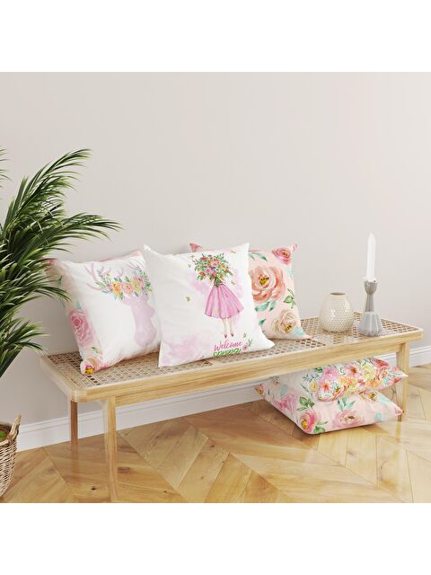 Evmila Kadife Doku Çift Taraf Baskılı Bahar Çiçekleri Desen 43x43 cm 4'lü Kırlent Kılıfı Seti - S000012650-20024