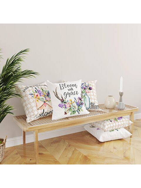 Evmila Kadife Doku Çift Taraf Baskılı Lavanta Desen 43x43 cm 4'lü Kırlent Kılıfı Seti - S000012647-23173