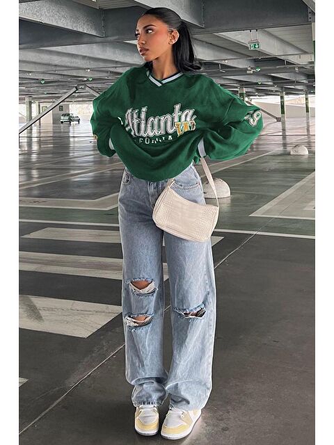 Madmext Yeşil Baskılı V Yaka Sweatshirt Mg1576 - S000030593-18194