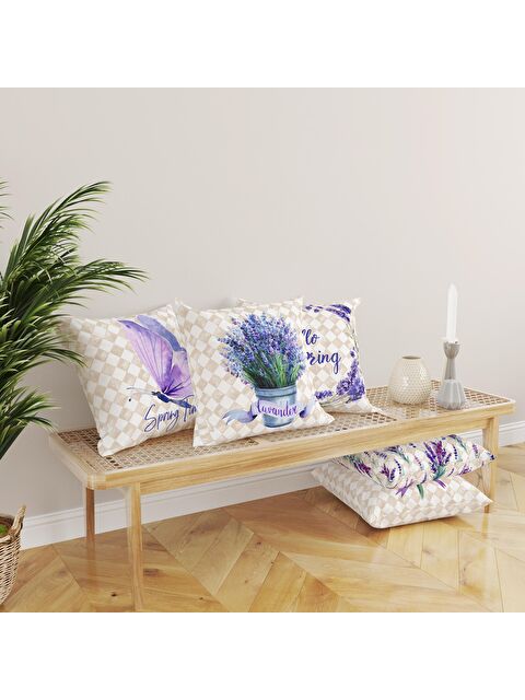 Evmila Kadife Doku Çift Taraf Baskılı Lavanta Desen 43x43 cm 4'lü Kırlent Kılıfı Seti - S000012653-23173