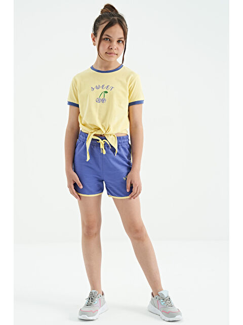 Tommylife Sarı - Açık Eflatun O Yaka Baskılı Düğüm Detaylı Rahat Kalıp Kız Çocuk Şort Takım - 75132 - S000203457-5474