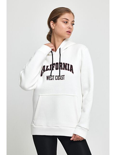 Süperlife Kadın Kapüşonlu Rahat Kalıp İçi Polarlı 3 iplik Kanguru Cepli Californıa West Baskılı Swetashırt - S000064771-19965