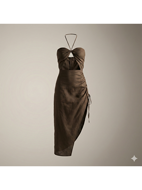 Bohemai Abrossa Boyundan Bağcıklı Asimetrik Kahve Keten Elbise - S000393129-19413