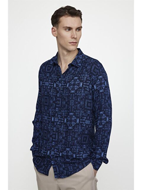 TUDORS Slim Fit Dar Kesim Uzun Kol Baskılı Desen Viskon Spor Erkek Çok Renkli Gömlek