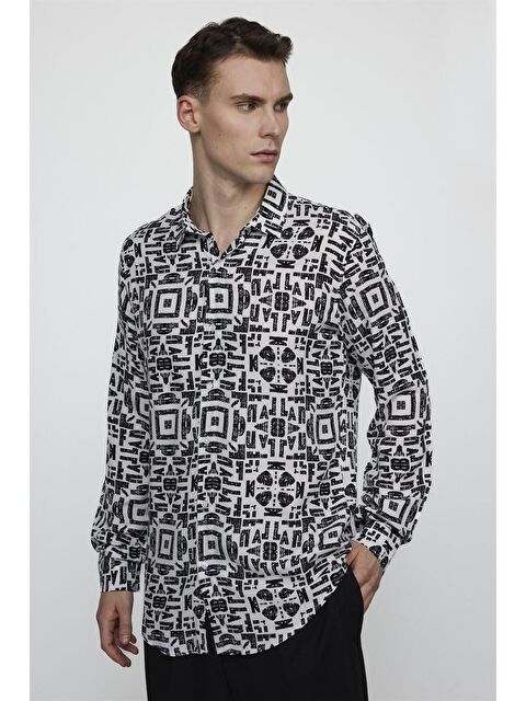 TUDORS Slim Fit Dar Kesim Uzun Kol Baskılı Desen Viskon Spor Erkek Çok Renkli Gömlek