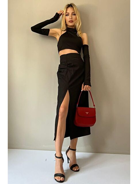 Madmext Siyah Basic Midi Boy Büzgülü Keten Görünümlü Etek Mg1540