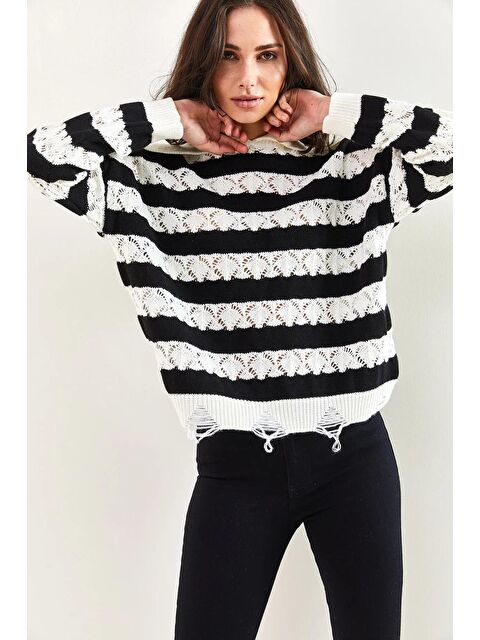 SHADE Kadın Polo Yaka Yırtık Desenli Triko Kazak - S000054881-20063