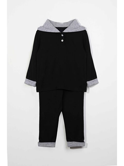 Luess Erkek Çocuk Kapüşonlu Düğme Detaylı Mevsimlik Alt Üst Takım   Siyah  3 4 Yaş 8 9 Yaş - S000328725-19351