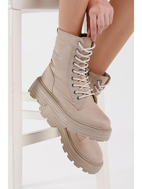 TONNY BLACK Kadın Krem Süet Poli Taban Rahat Kalıp Bağcıklı Bot - S000051470-19966