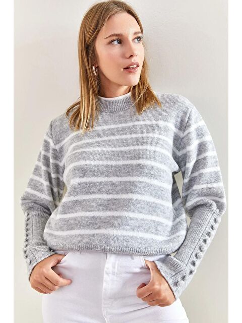 SHADE Kadın Kol Düğmeli Çizgili Triko Kazak - S000054334-37276