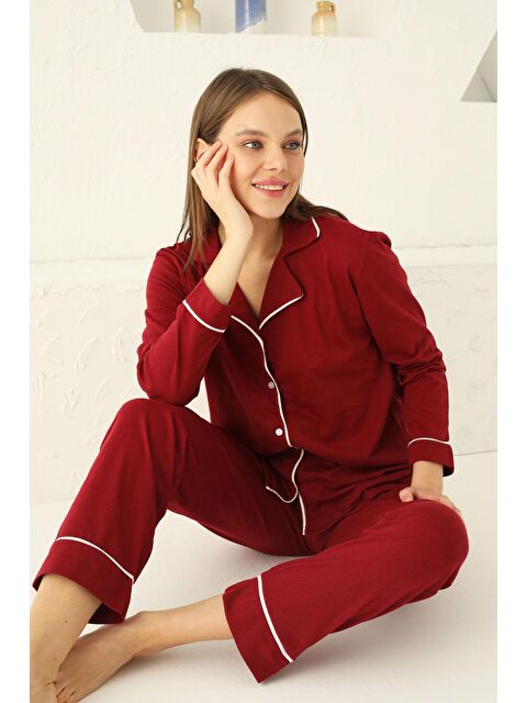Siyah İnci Koyu Bordo Pamuklu Düğmeli Biyeli Pijama Takım - S000219970-19952