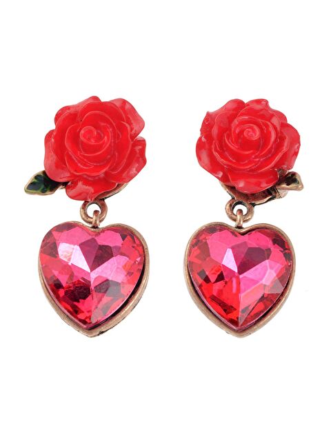 Pelin Aksesuar Kırmızı Çiçekli Kalp Taşlı Küpe - S000046912-23173