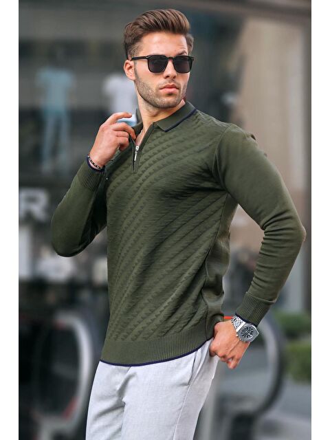 Madmext Haki Fermuarlı Erkek Triko Kazak 6824 - S000046904-18547