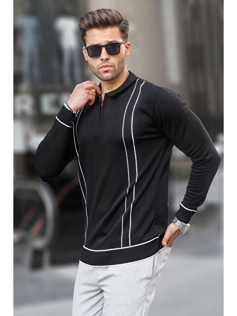 Madmext Siyah Desenli Fermuarlı Polo Yaka Triko Erkek Kazak 6823 - S000046917-19351