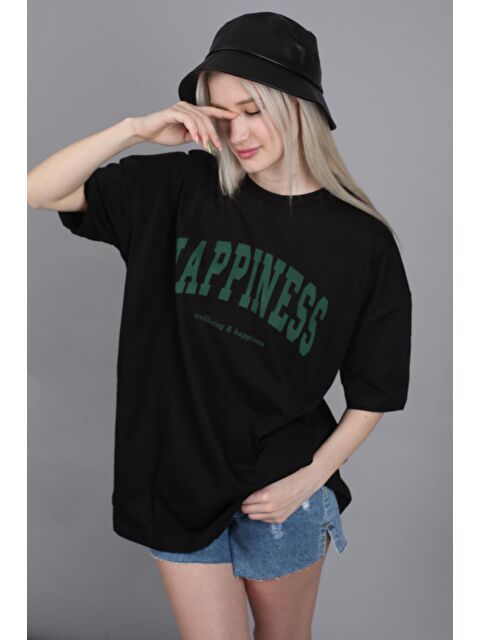 Madmext Kadın Siyah Baskılı Oversize Tişört Mg1230