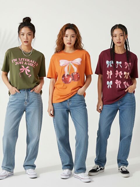 Trendseninle Kadın Çoklu Kurdele Baskılı Tişört Haki Turuncu Bordo - S000523349-23173