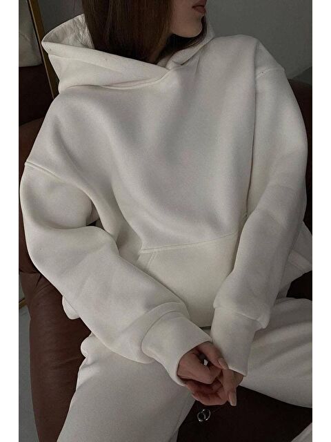 Madmext Beyaz Kapüşonlu Şardonlu Oversize Sweatshirt Mg1566 - S000046973-20063