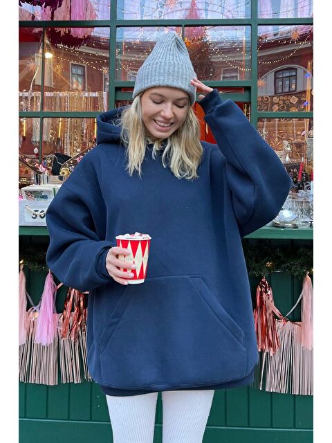 Madmext Lacivert Kapüşonlu Şardonlu Oversize Sweatshirt Mg1566 - S000046973-21164