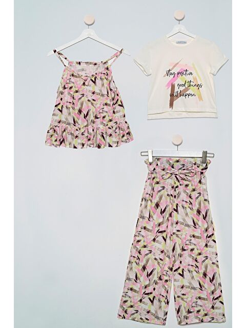 For You Kids 3'Lü Desenli Bluz Tshirt Pantolon Ekru Takım - S000028085-19965