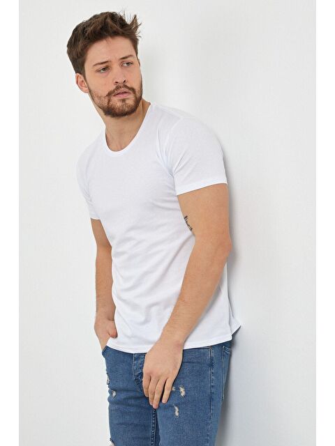 Tarz Cool Erkek Beyaz Düz Slim Fit Elastanlı Tişört - S000170021-20063