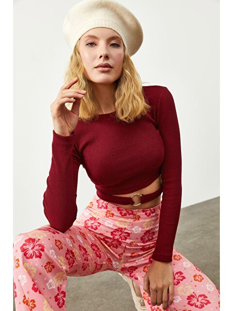 Xhan Bordo Halka Detaylı Kaşkorse Crop Bluz 3KXK2-46541-05 - S000032981-19951