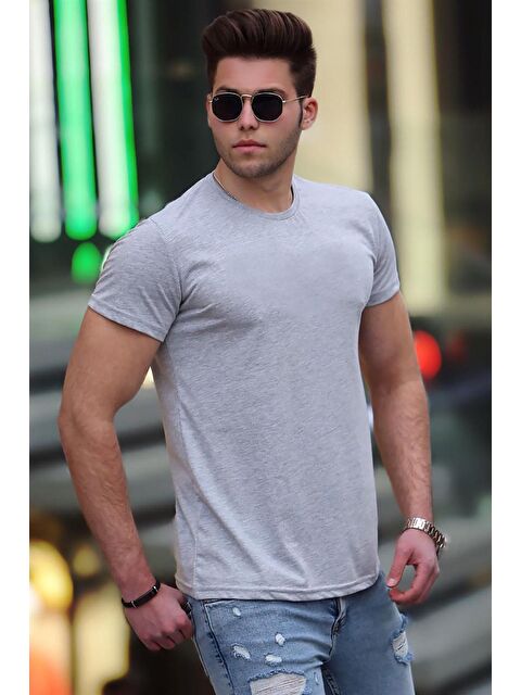 Madmext Bisiklet Yaka Basic Gri %100 Pamuk Tişört 3006 - S000016601-20600