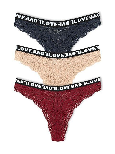 Hnx Brezilya Kesim Dantelli LOVE Lastik Yüksek Bel Kadın Külot 3'lü - S000040696-21164