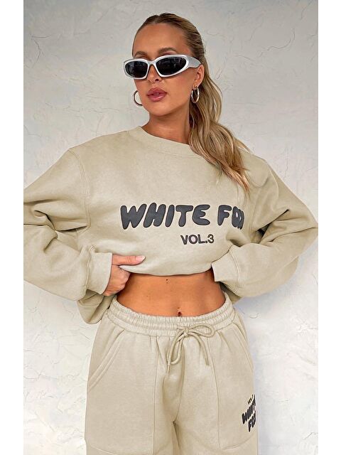 Madmext Bej Bisiklet Yaka Baskılı Sweatshirt Mg1904 - S000046915-19928